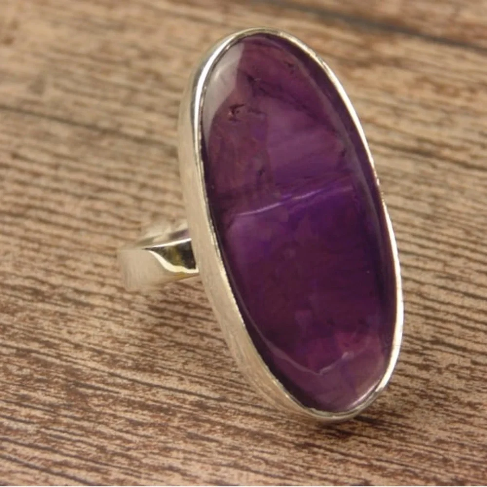 New Sterling Silver Long Oval Purple Amethyst Oblong Artisan Handmade Ring